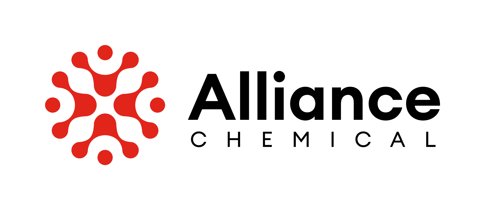 Alliance Chemical corporate logo featuring red molecular-inspired symbol with radiating droplet shapes alongside black logotype, brand identity design.